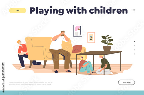 Play with children concept of landing page with cheerful kids and dad in hide and seek game at home