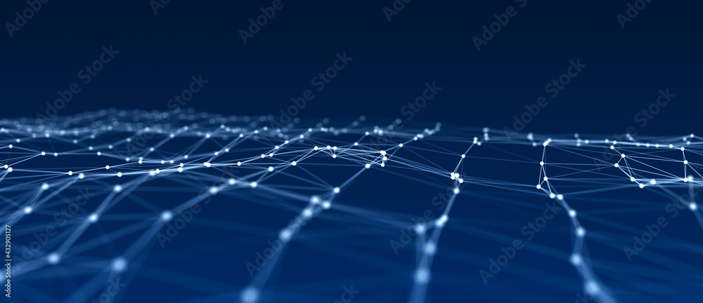 Abstract wave with moving dots and lines. Flow of particles. Cyber technology illustration. 3d rendering