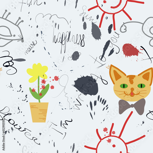 Seamless pattern ink and blotter paper. Splashes and comic drawings on a pale blue background.