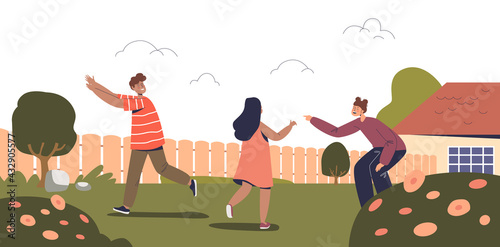 Happy kids play active games outdoors. Small children, friends have fun together on backyard