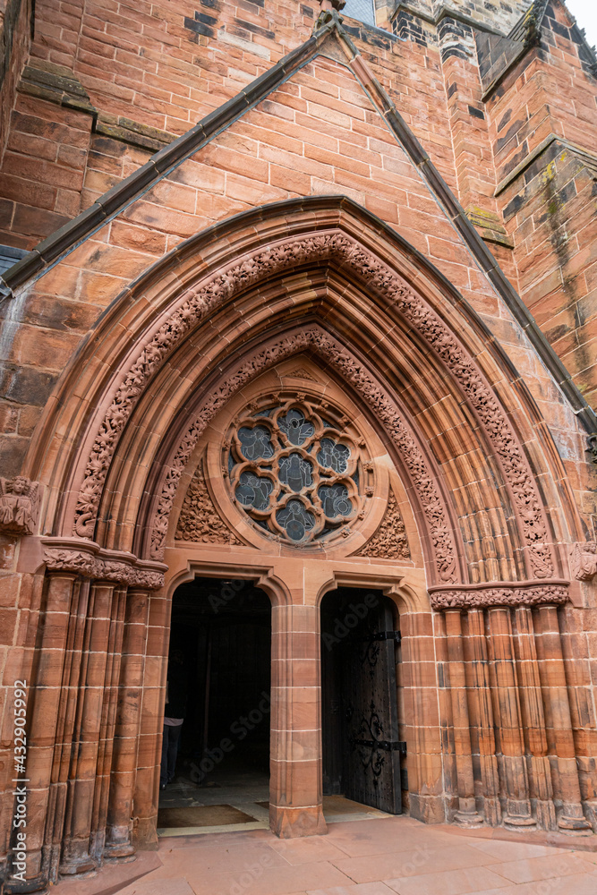 Carlisle Cathedral entrance, in the city of Carlisle, Cumbria, UK