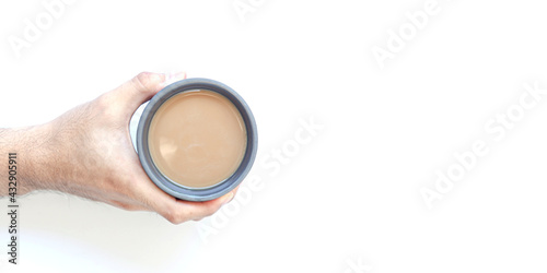 man holding a coffee cup in the morning ,isolated on white background