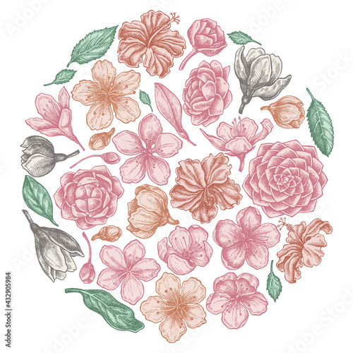 Round floral design with pastel hibiscus, plum flowers, peach flowers, sakura flowers, magnolia flowers, camellia japonica