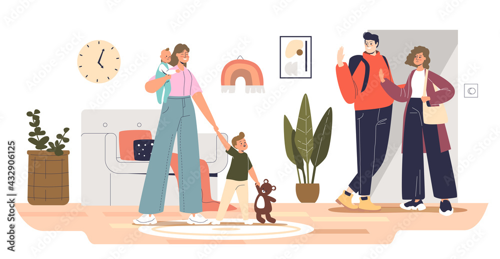 Mom and dad leaving kids with home babysitter female, professional nurse babysitting small children
