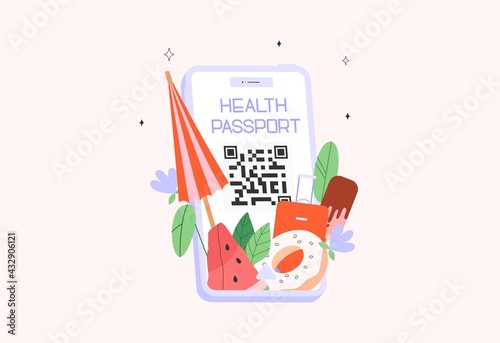 Health passport mobile application or Covid19 vaccination passport. Flat vector illustration. Travel during the pandemic.