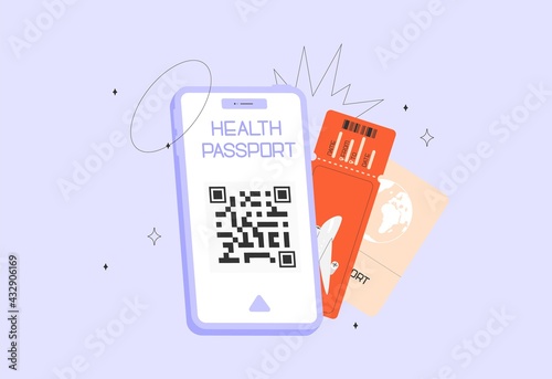 Health passport mobile application or Covid19 vaccination passport. Flat vector illustration. Travel during the pandemic.