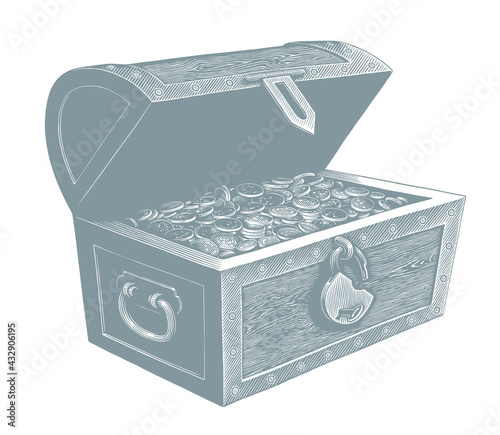 Treasure chest. Hand drawn engraving. Editable vector vintage illustration. Isolated on white background. 8 EPS