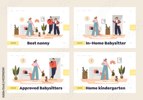 Babysitter service and home kindergarten concept of set of landing pages with nannys sitting kids