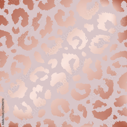 Glam seamless pattern. Skin leopard, jaguar, cheetah or panther. Rose gold effect for design. Pink beauty prints. Repeated background roses golden. Elegant texture. Repeating delicate print. Vector