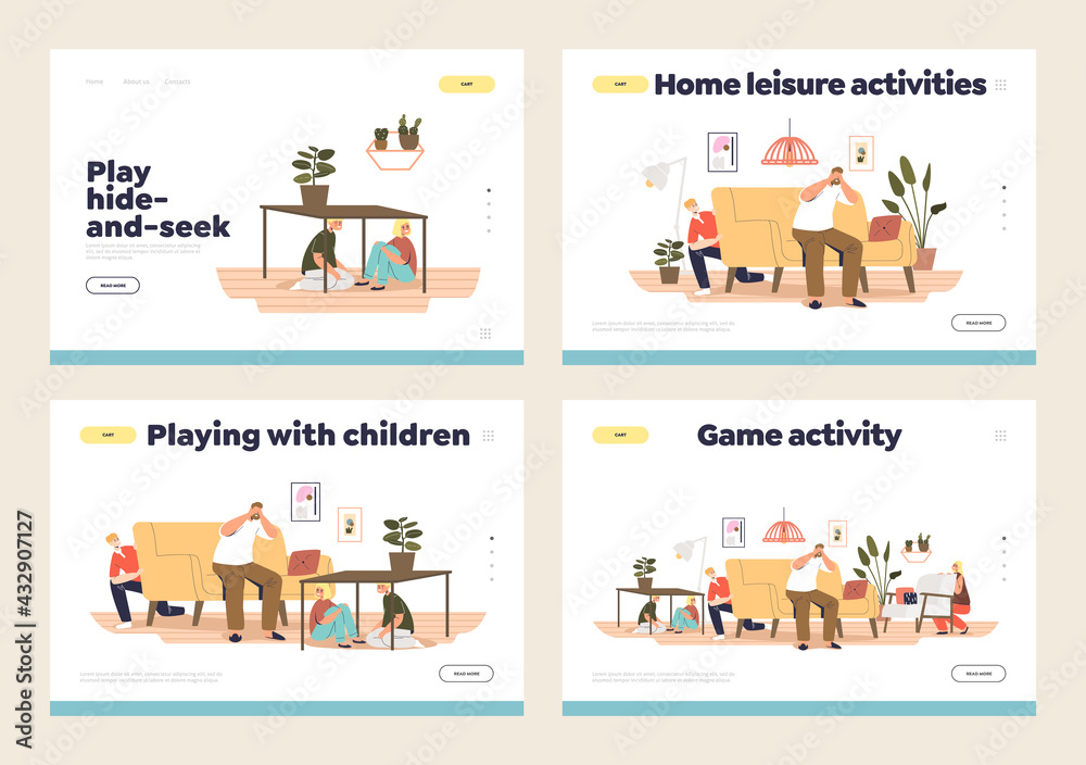 Hide and seek game and home leisure activity for pastime concept of landing pages with kids playing Hide and seek game and home leisure activity for pastime concept of landing pages with kids playing