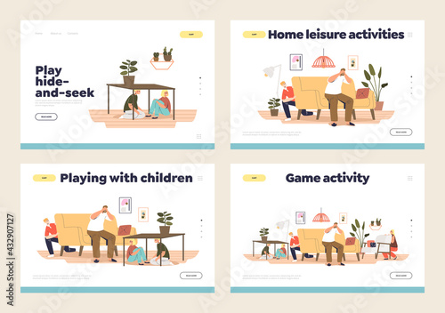Hide and seek game and home leisure activity for pastime concept of landing pages with kids playing