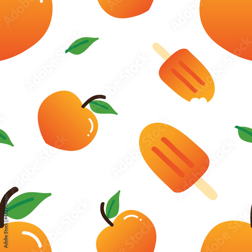 Peach fruits with green leaves and peach ice cream, popsicle cute cartoon style vector seamless pattern background.