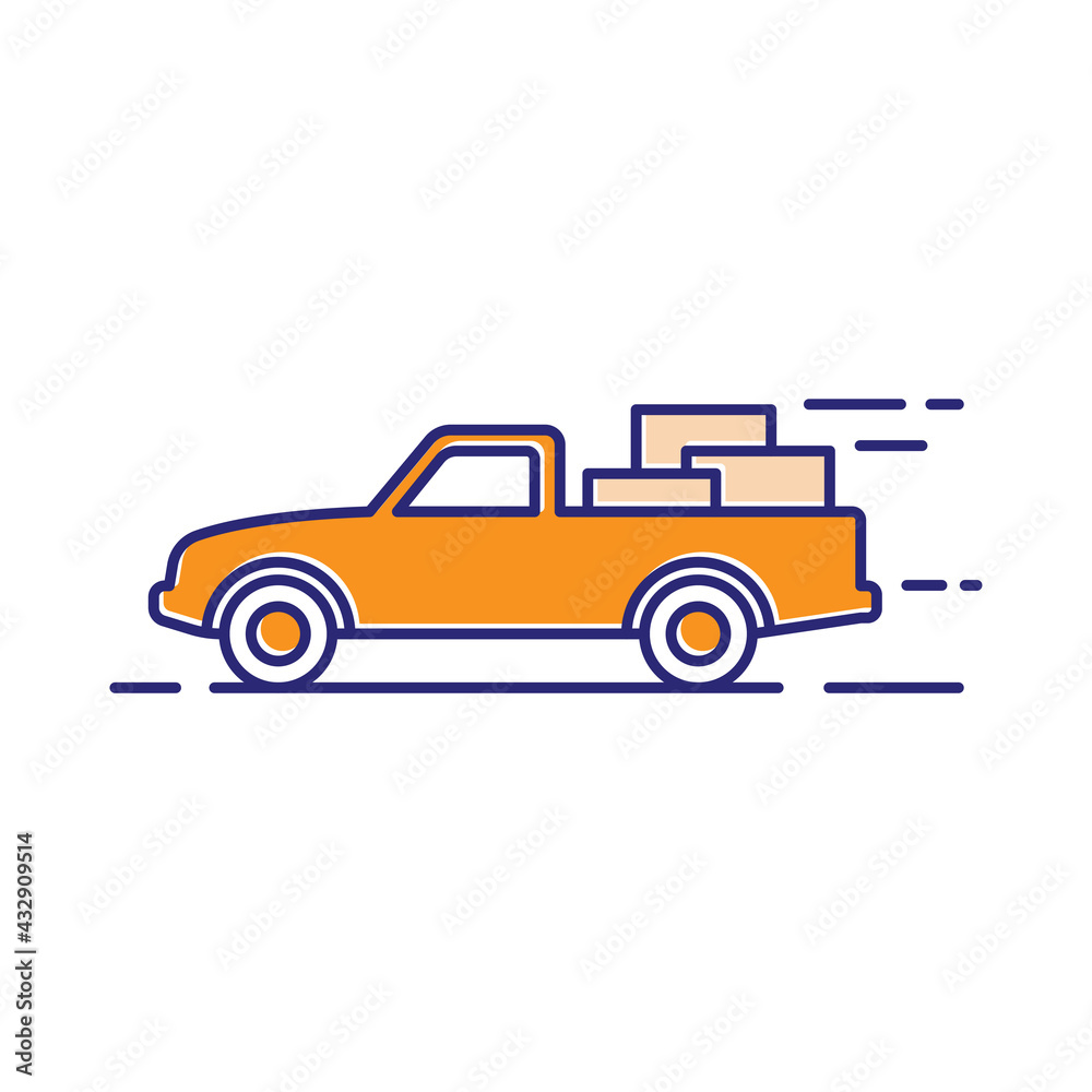 Pickup truck icon. Car and boxes. Colored contour linear silhouette. Side view. Vector simple flat graphic illustration. The isolated object on a white background. Isolate.