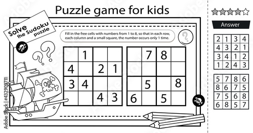 Solve the pirate sudoku puzzle. Logic puzzle for kids. Education game for children. Coloring Page. Worksheet vector design for schoolers.