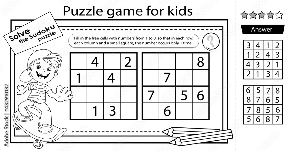 Sudoku puzzle. Logic puzzle for kids. Education game for children. Boy