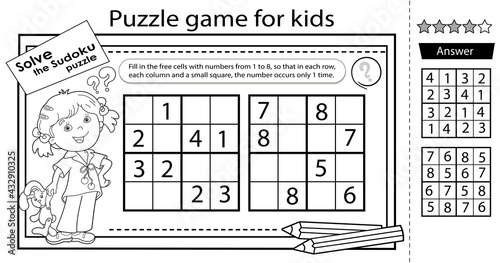 Sudoku puzzle. Logic puzzle for kids. Education game for children. Girl with toy. Coloring Page. Worksheet vector design for schoolers.