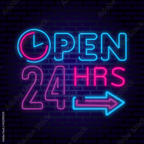 Neon open 24 hrs Realistic glowing shining design element for 24 Hours Club, Bar, Cafe.