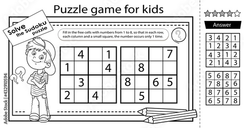 Solve the sudoku puzzle together with the boy. Logic puzzle for kids. Education game for children. Coloring Page. Worksheet vector design for schoolers.