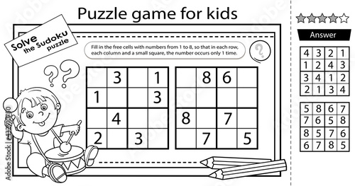 Sudoku puzzle. Logic puzzle for kids. Education game for children. Boy with a drum. Coloring Page. Worksheet vector design for schoolers.