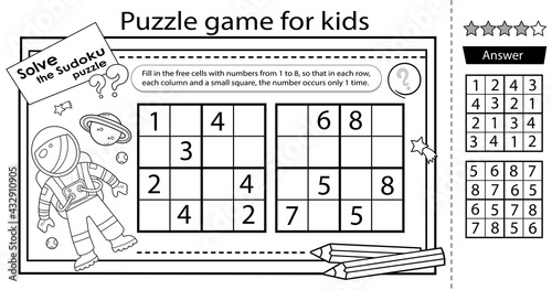 Cosmic sudoku puzzle. Logic puzzle for kids. Education game for children. Astronaut in space. Coloring Page. Worksheet vector design for schoolers.