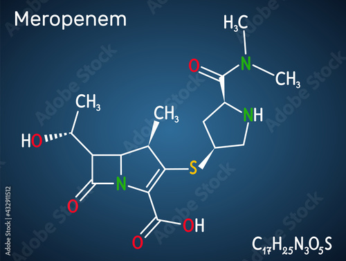 Meropenem molecule. It is broad-spectrum carbapenem antibiotic. Structural chemical formula and molecule model on the dark blue background