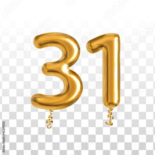 Vector realistic isolated golden balloon number of 31 for invitation decoration on the transparent background.