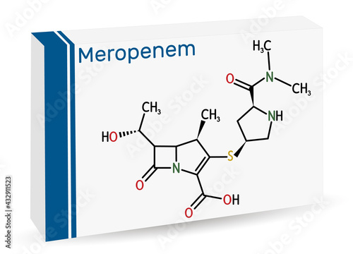 Meropenem molecule. It is broad-spectrum carbapenem antibiotic. Skeletal chemical formula . Paper packaging for drugs