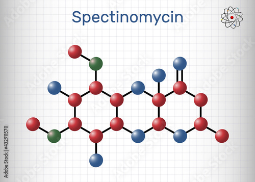 Spectinomycin molecule. It is pyranobenzodioxin , aminocyclitol aminoglycoside antibiotic. Used for the treatment of gonorrhea. Sheet of paper in a cage. photo