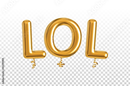 Vector realistic isolated golden balloon text of LOL on the transparent background.