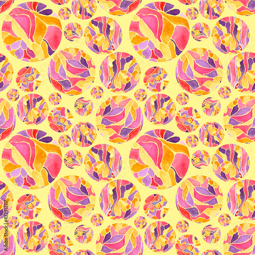 A pattern with colored balls of different sizes on a yellow background.