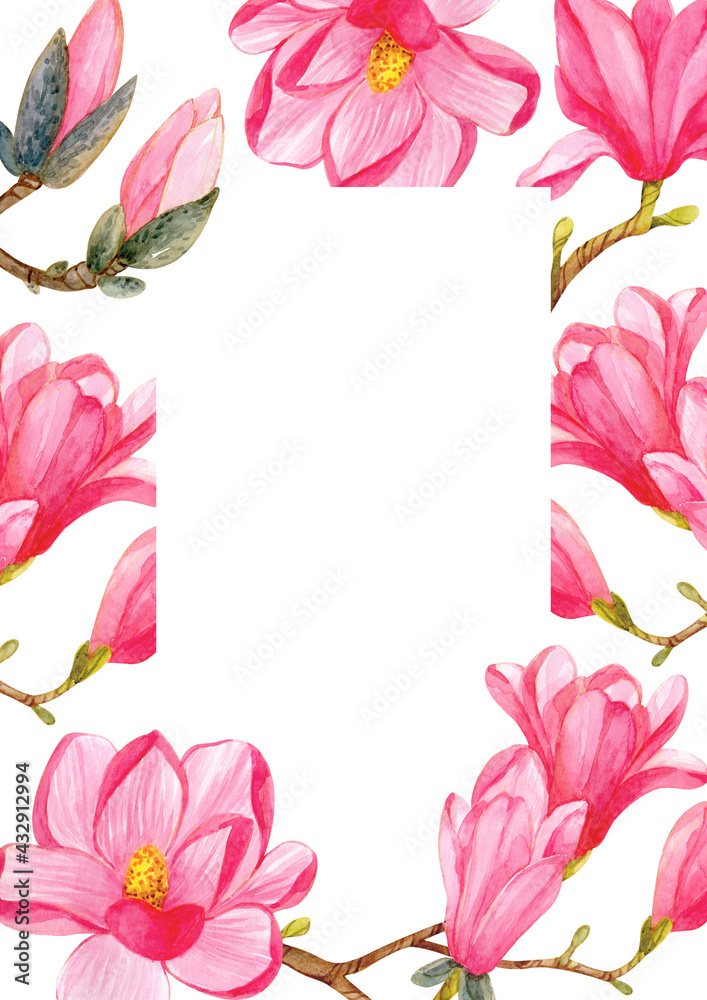 A4 size frame with watercolor pink magnolia flowers on white background. Template for the design of cards, invitations, flyers, posters and more.