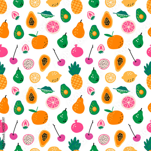 Seamless pattern with fruits. Hand drawn vector. Cooking ingredients. Scandinavian style menu greengrocery.