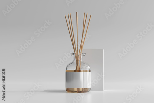 Isolated Incense Air Freshener Reed Diffuser Glass Bottle with Box 3D Rendering photo