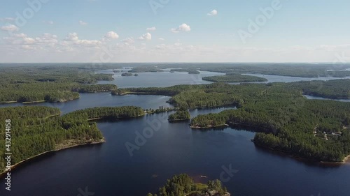 Aerial view of beautiful lake Saimaa in Finland. Multiple islands and a road over lake. photo