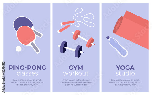 Set of vector sport activities banners. Yoga studio, gym workout, ping pong classes. Table tennis paddle, jump rope, dumbbells, fitness mat. Physical activity training, healthy lifestyle illustrations