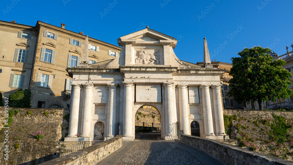 Bergamo, Italy. The old town. Amazing view at the ancient gate Porta San Giacomo. Bergamo one of the most beautiful cities in Italy. Tourists destination