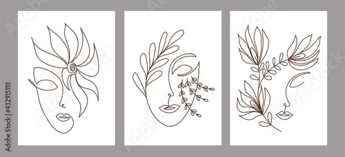 Set of creative hand painted one line abstract shapes. Minimalistic image icons: female portrait, flowers, leaves. For postcard, poster, placard, brochure, cover design, web.