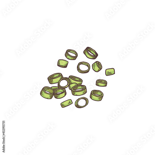 Chopped green onion flying in air, isolated cartoon drawing