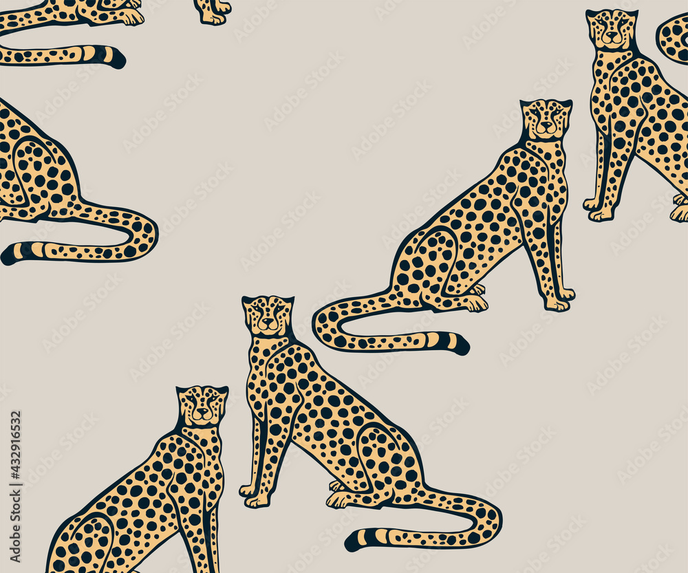 Obraz premium Vector background hand drawn exotic wild cat cheetah. Hand drawn ink illustration. Modern ornamental decorative background. Print for textile, cloth, wallpaper, scrapbooking