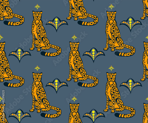 Vector background hand drawn exotic wild cat cheetah. Hand drawn ink illustration. Modern ornamental decorative background. Print for textile, cloth, wallpaper, scrapbooking