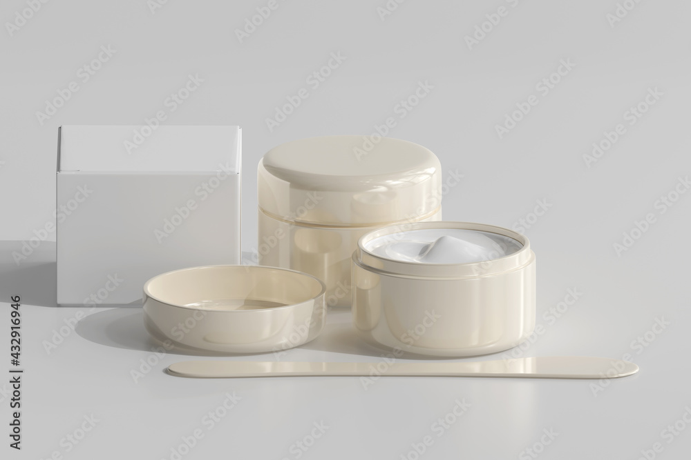 Isolated Cosmetic Jar with Transparent Label and Box 3D Rendering Isolated Cosmetic Jar with Transparent Label and Box 3D Rendering