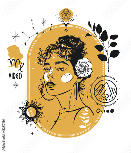 Zodiac sign Virgo. Vector illustration with a portrait of a beautiful girl. Zodiac sign with elements of astrology of this sign. Stars, symbols, a branch of eucalyptus.