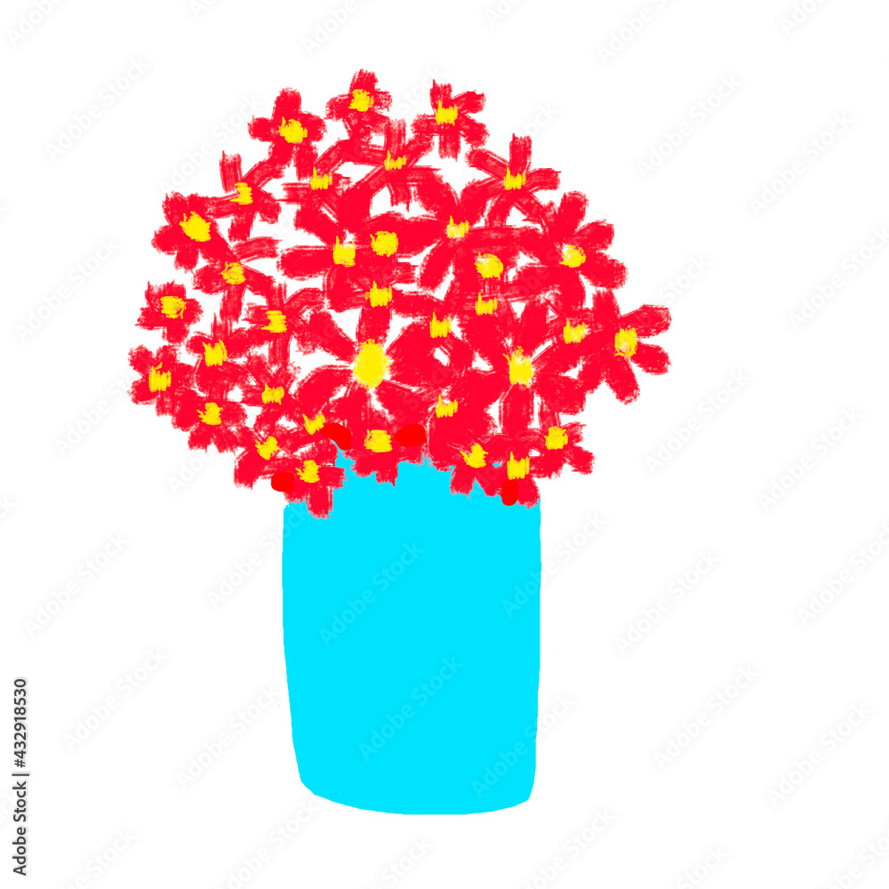 Hand-drawn Red Flowers Blue Vase Illustration