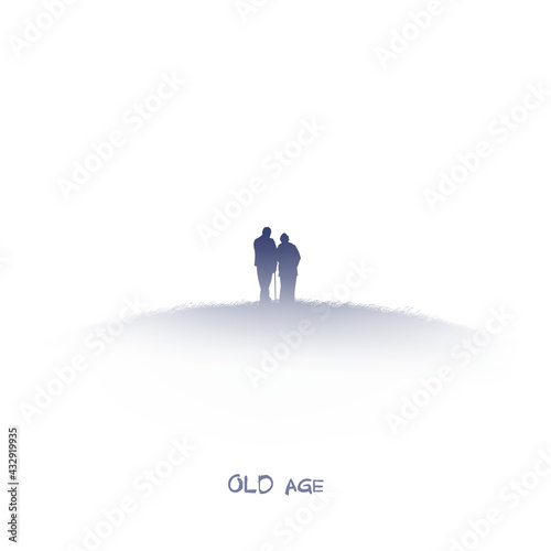 Elderly couple on hill. People isolated silhouette. Blue ink element
