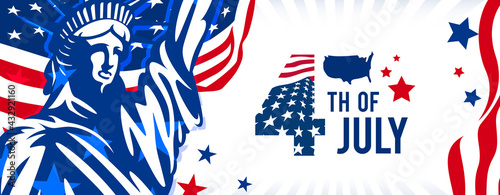 4th of July USA independence day celebration design on the trendy USA waving flag and statue of liberty background.
