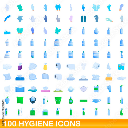 100 hygiene icons set. Cartoon illustration of 100 hygiene icons vector set isolated on white background