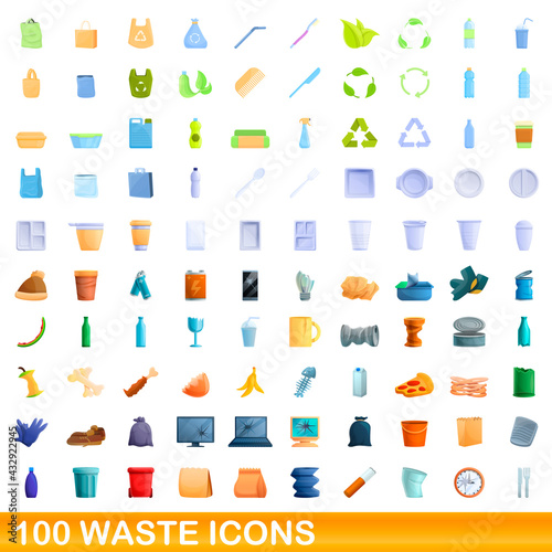 100 waste icons set. Cartoon illustration of 100 waste icons vector set isolated on white background