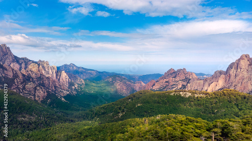 Corsica, Drone view of the Aiguilles de Bavella. The Aiguilles de Bavella dominate the Col de Bavella at 1218 m, connecting the Alta Rocca to the east coast of Corsica. 
