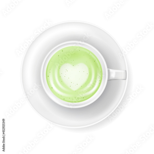 Top view at cup of green tea matcha latte with milk foam isolated on white background. Realistic vector illustration of traditional Japanese drink. Natural asian tea beverage in ceramic mug