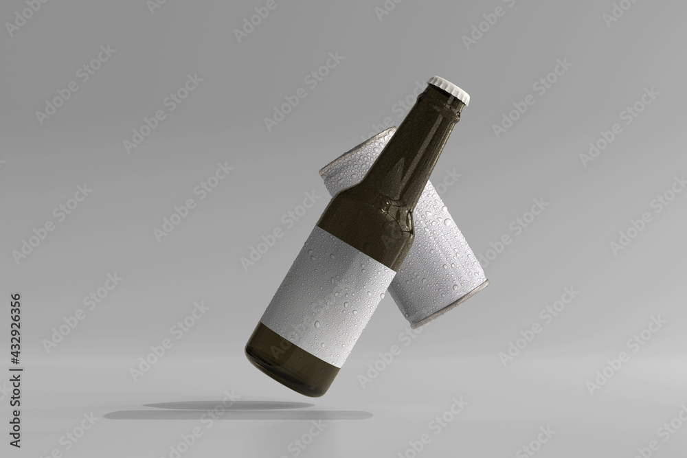 180ml Mini Soda or Beer Can and Bottle with Water Drops 3D Rendering 180ml Mini Soda or Beer Can and Bottle with Water Drops 3D Rendering